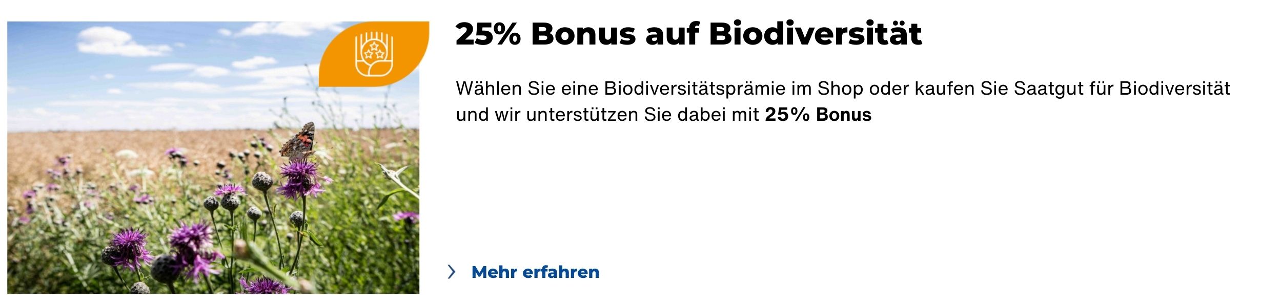 25% Bonus auf Biodiversität - Wahlen Sie eine Biodiversitatsprämie im Shop oder kaufen Sie Saatgut für Biodiversitat und wir unterstützen Sie dabei mit 25% Bonus